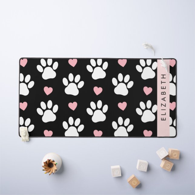 Dog Paws, White Paws, Pink Hearts, Your Name Desk Mat (Kids Table)