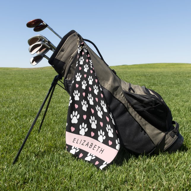 Dog Paws, White Paws, Pink Hearts, Your Name Golf Towel (Green)