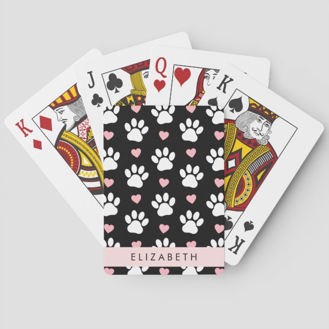 Dog Paws, White Paws, Pink Hearts, Your Name Playing Cards (Back)
