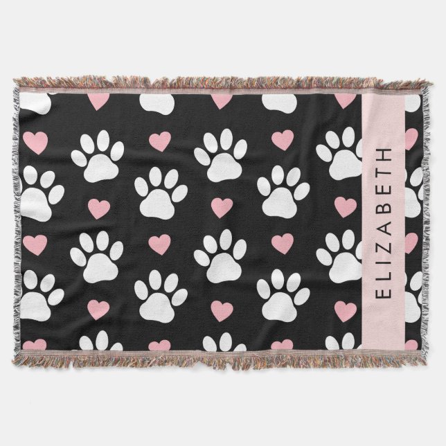 Dog Paws, White Paws, Pink Hearts, Your Name Throw Blanket (Front)