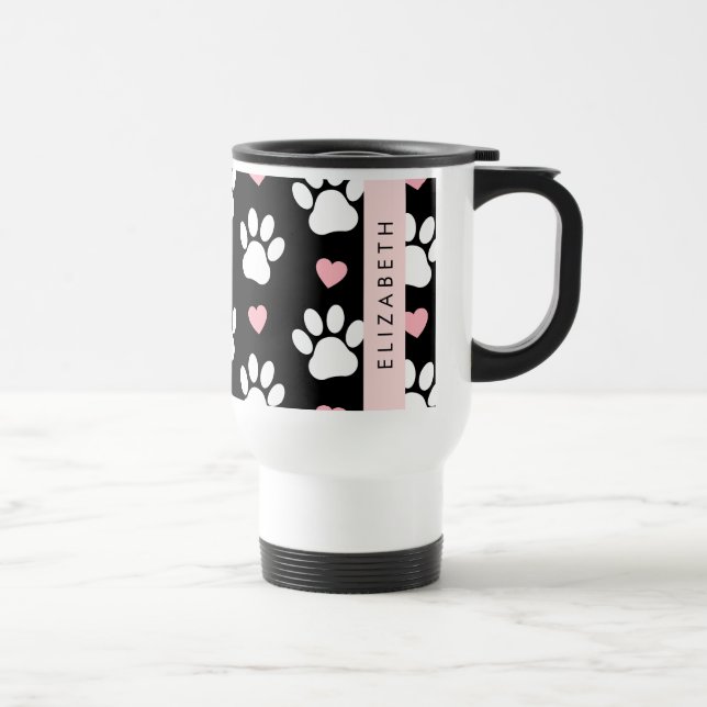 Dog Paws, White Paws, Pink Hearts, Your Name Travel Mug (Right)