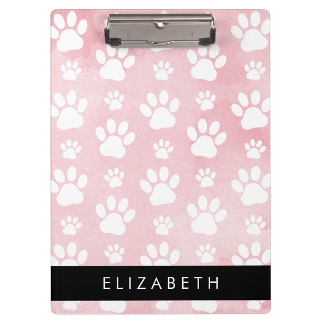 Dog Paws, White Paws, Pink Watercolors, Your Name Clipboard (Front)