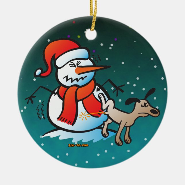 Dog Peeing on a Snowman! Ceramic Tree Decoration (Front)