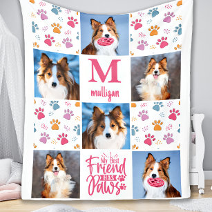 Dog Personalised 6 Pet Photo Chic Pink Paw Prints Fleece Blanket