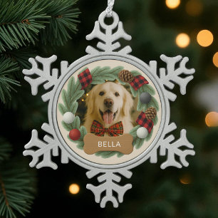 Dog Personalised Name Photo Christmas Plaid  Snowflake Pewter Christmas Ornament