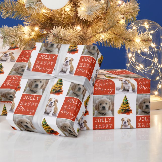 Dog Pet 2 Photos Christmas Tree Watercolor  Wrapping Paper (Holidays)