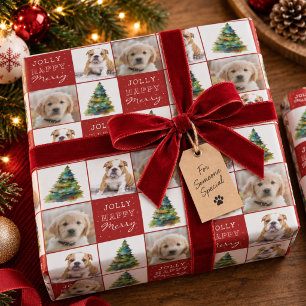 Dog Pet 2 Photos Christmas Tree Watercolor Wrapping Paper
