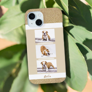 Dog Pet 3 Photo Collage Gold Glitter iPhone 15 Case