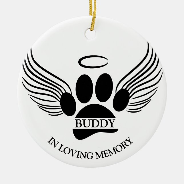 Dog Pet Angel Wings Memorial Custom Name Ceramic Tree Decoration (Front)