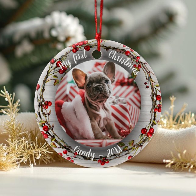 Dog Pet First Christmas Photo Red Berry Wreath Ceramic Tree Decoration (Creator Uploaded)