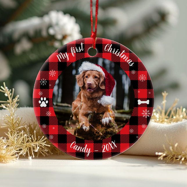 Dog Pet First Christmas Photo Rustic Buffalo Check Ceramic Tree Decoration (Creator Uploaded)