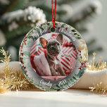 Dog Pet First Christmas Photo Winter Wreath Ceramic Tree Decoration<br><div class="desc">Capture your pet dog's first Christmas with personalised photos. Add your favourite pictures,  their name,  and the year for a unique keepsake that celebrates your new arrival! Designed by CaMiDesigns.</div>