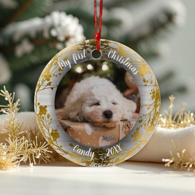 Dog Pet First Christmas Photo Wreaths Gold Foils Ceramic Tree Decoration (Creator Uploaded)