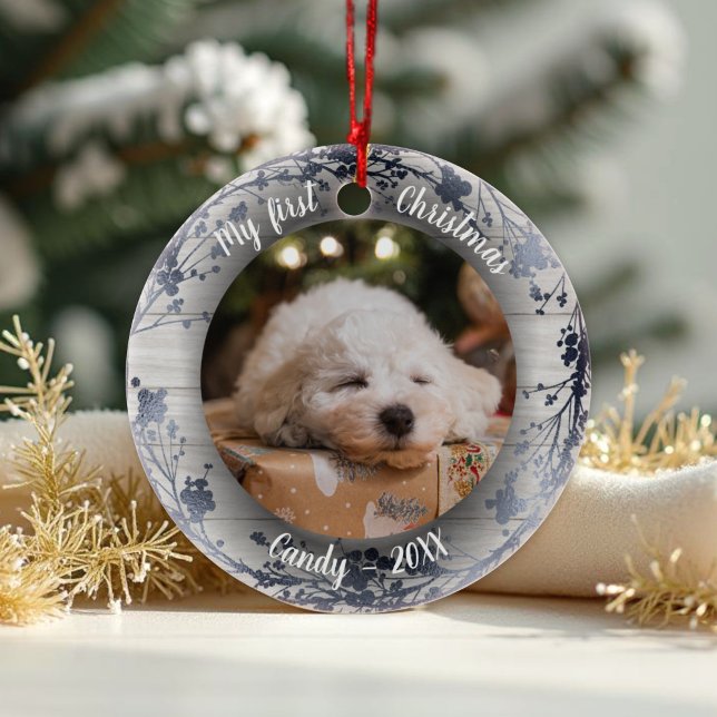 Dog Pet First Christmas Photo Wreaths Silver Foil Ceramic Tree Decoration (Creator Uploaded)