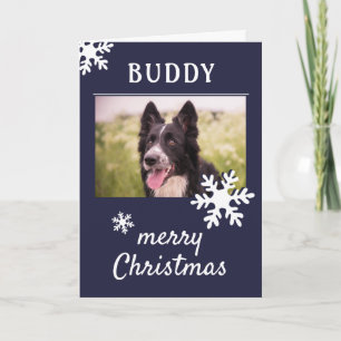 Dog Pet Name Photo Snowflake Dark Blue Holiday Card