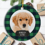 Dog Pet Photo Christmas Puppy Rustic Green Plaid C Ceramic Tree Decoration<br><div class="desc">Decorate your tree or send a special gift with this super cute personalised custom pet photo holiday ornament. Add your dog's photos and personalise with name and year. Ornament is double sided, you can do different photos each side. COPYRIGHT © 2020 Judy Burrows, Black Dog Art - All Rights Reserved....</div>