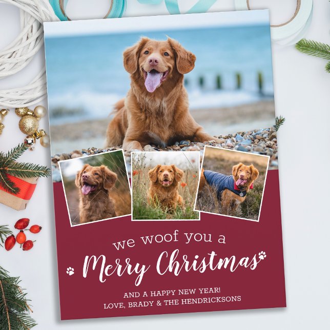 Dog Pet Photo Collage We Woof You Merry Christmas  Postcard (Creator Uploaded)