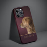 Dog Pet Photo Golden Retriever Personalised Name Case-Mate iPhone 14 Pro Max Case<br><div class="desc">Dog Pet Photo Golden Retriever Personalised Name iPhone 14 Pro Max Smart Phone Cases features features your favourite pet or dog photo with your personalised name in golden script typography on a deep burgundy red background. Perfect gift for Christmas, birthday, holidays, Mother's Day, Father's Day, dog and pet lovers. Designed...</div>