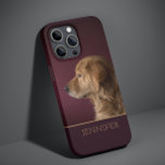 Dog Pet Photo Golden Retriever Personalised Name Case-Mate iPhone 14 Case<br><div class="desc">Dog Pet Photo Golden Retriever Personalised Name iPhone 14 Smart Phone Cases features features your favourite pet or dog photo with your personalised name in golden script typography on a deep burgundy red background. Perfect gift for Christmas, birthday, holidays, Mother's Day, Father's Day, dog and pet lovers. Designed by ©Evco...</div>