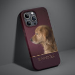 Dog Pet Photo Golden Retriever Personalised Name Case-Mate iPhone 14 Pro Case<br><div class="desc">Dog Pet Photo Golden Retriever Personalised Name iPhone 14 Pro Smart Phone Cases features features your favourite pet or dog photo with your personalised name in golden script typography on a deep burgundy red background. Perfect gift for Christmas, birthday, holidays, Mother's Day, Father's Day, dog and pet lovers. Designed by...</div>