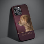 Dog Pet Photo Golden Retriever Personalised Name Case-Mate iPhone 14 Plus Case<br><div class="desc">Dog Pet Photo Golden Retriever Personalised Name iPhone 14 Plus Smart Phone Cases features features your favourite pet or dog photo with your personalised name in golden script typography on a deep burgundy red background. Perfect gift for Christmas, birthday, holidays, Mother's Day, Father's Day, dog and pet lovers. Designed by...</div>
