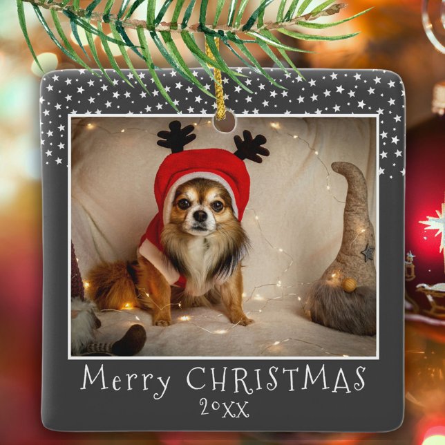 Dog Pet Photo Stars Gray Merry Christmas  Ceramic Ornament (Creator Uploaded)