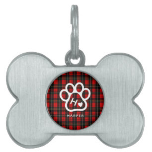 Dog Pets Monogram Name Paw Heart Tartan Pet ID Tag