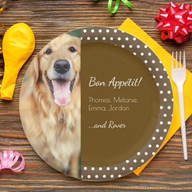 Dog Photo and Family Name Polka Dot Brown Paper Plate (Creator Uploaded)