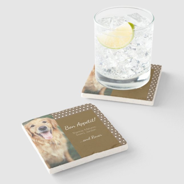 Dog Photo and Family Name Polka Dot Brown Stone Coaster (Side)