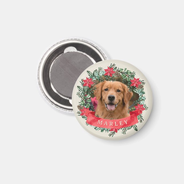Dog Photo and Name Poinsettia Wreath Holiday Gift Magnet (Front/Back)