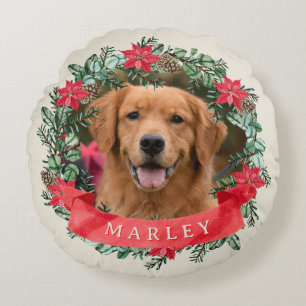 Dog Photo and Name Poinsettia Wreath Holiday Plaid Round Cushion