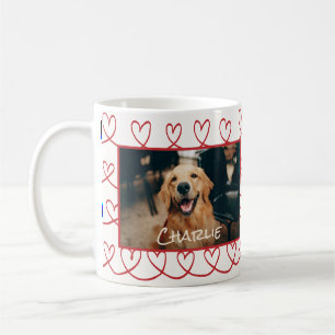 Dog Photo and Name Red Hand-Drawn Heart Pattern Coffee Mug
