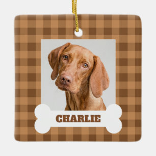Dog Photo Brown Gingham Plaid Pet Name on Bone Ceramic Ornament