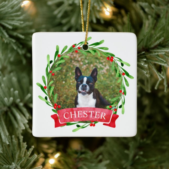Dog Photo Christmas Wreath Ceramic Ornament (Tree)