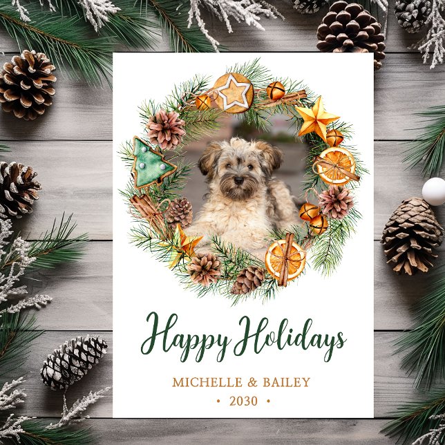 Dog Photo Christmas Wreath Holiday Card (Creator Uploaded)