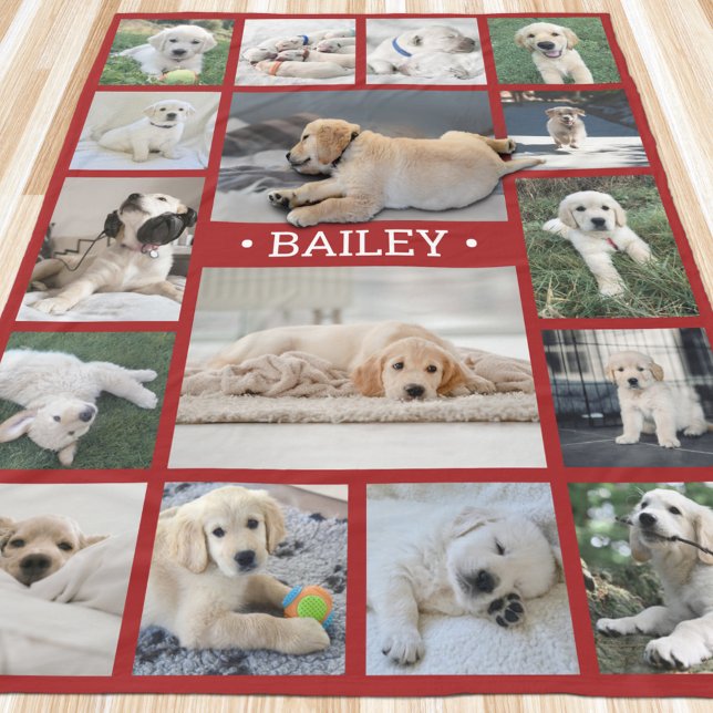 Dog Photo Collage Cute Modern Red and White Fleece Blanket (Creator Uploaded)