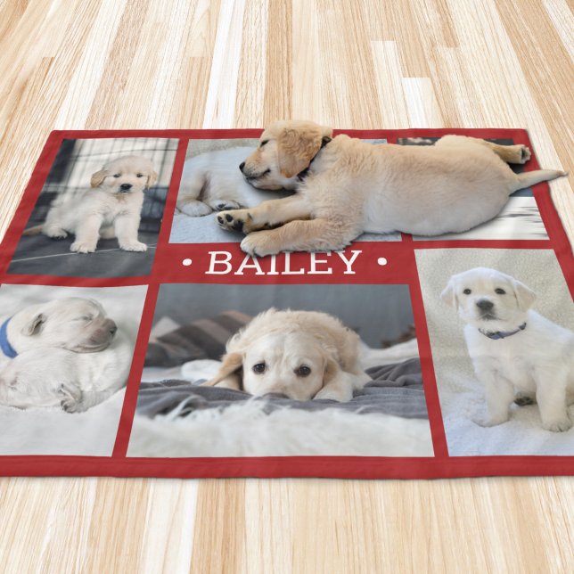 Dog Photo Collage Cute Simple Red and White Fleece Blanket (Creator Uploaded)