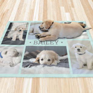 Dog Photo Collage Cute Simple Teal Blue and Grey Fleece Blanket