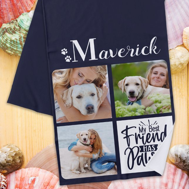 Dog Photo Collage Personalised Monogram Navy Blue Beach Towel (Creator Uploaded)