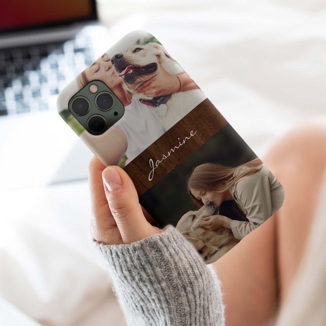 Dog Photo Collage Rustic Wood, Case-Mate iPhone Case (Pet photo collage monogram with rustic dark wood background. Keep your pet photos with you.)