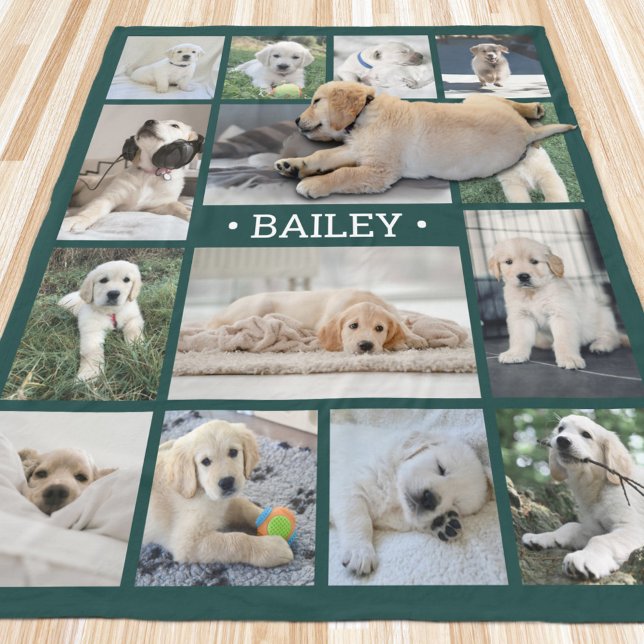 Dog Photo Collage Simple Modern Green and White Fleece Blanket (Creator Uploaded)