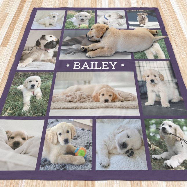 Dog Photo Collage Simple Modern Purple and White Fleece Blanket (Creator Uploaded)