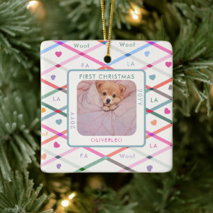 Dog Photo First Christmas Woof Pastel Pattern  Ceramic Ornament