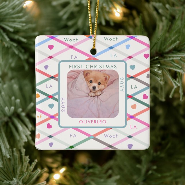 Dog Photo First Christmas Woof Pastel Pattern  Ceramic Ornament (Tree)
