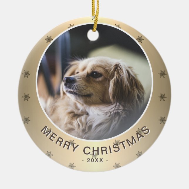 Dog Photo Golden Snowflake Metallic Christmas  Ceramic Tree Decoration (Front)