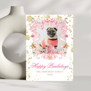 Dog Photo Happy Pawlidays Pink Bow Christmas Crest Holiday Card