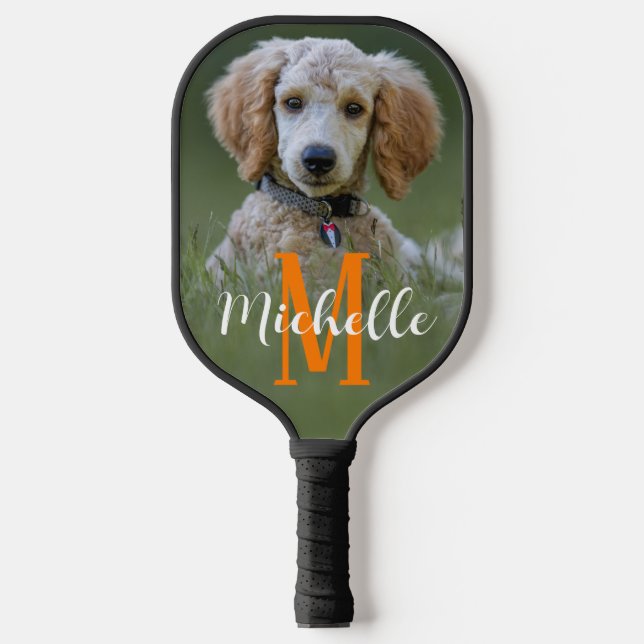 Dog Photo Modern Monogram Script Name Custom Colou Pickleball Paddle (Front)