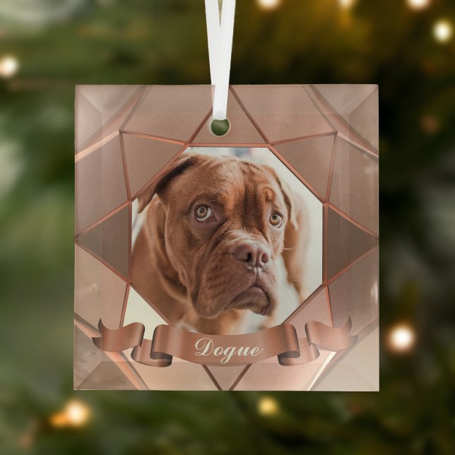 Dog Photo Name Geometric Glass Ornament (Just upload a photo of your pup and add their name to this copper colored glass ornament)