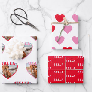 Dog Photo Name Pink Red Heart Pet Wrapping Paper Sheet