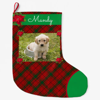 Dog Photo & Name Pretty Plaid Red Green Large Christmas Stocking